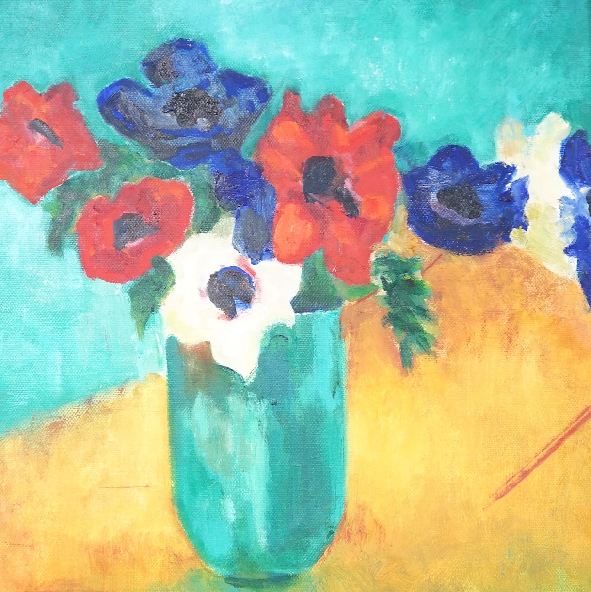 Gill Speirs, oil on canvas, ‘Anemones’, signed and dated ‘16 verso, The Chelsea Art Society label verso, 28 x 28cm. Condition - good, damage to the frame